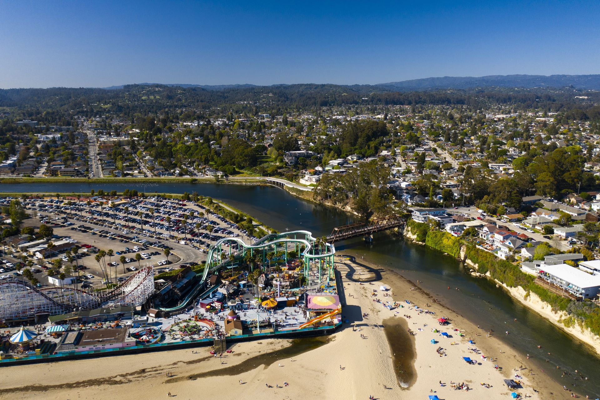aerial view of santa cruz with beach and boardwalk in foreground